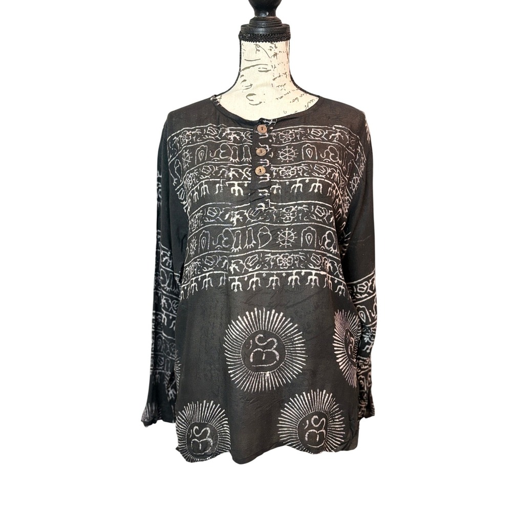 Dharma Shop Black Om Print Henley Tunic‎ Womens Medium Boho Nepal Cotton Top
